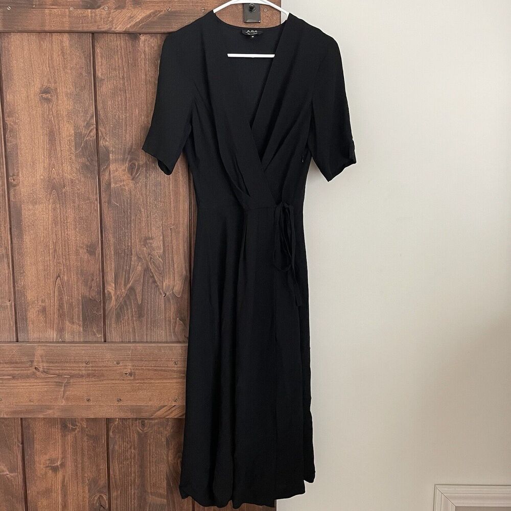 APC dress Womens 36 Black Mathilda Tie Crepe Viscose Vneck Pleats Classic